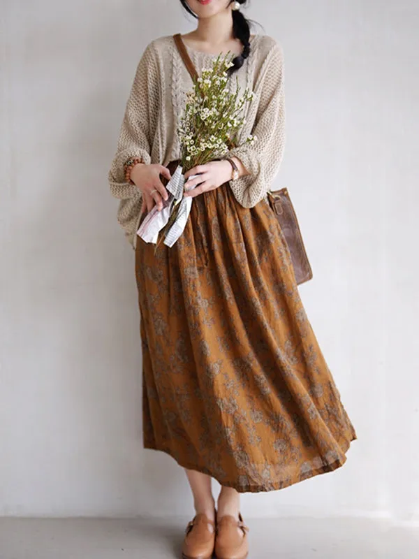 Vintage Loose Floral Printed A-Line Skirts Bottom