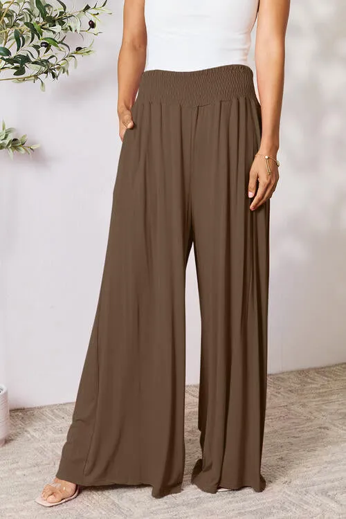 Women's Double Take Full Size Smocked Wide Waistband Wide Leg Pants