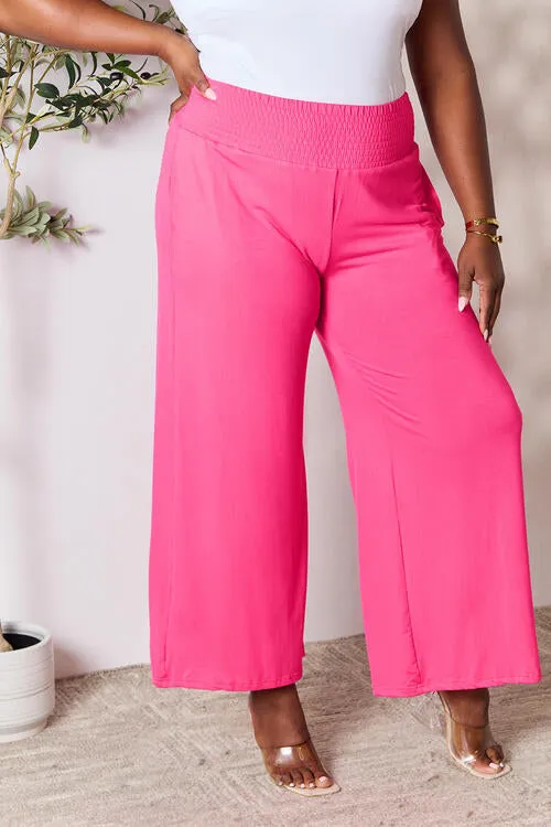 Women's Double Take Full Size Smocked Wide Waistband Wide Leg Pants