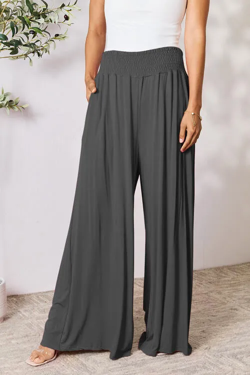 Women's Double Take Full Size Smocked Wide Waistband Wide Leg Pants