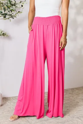 Women's Double Take Full Size Smocked Wide Waistband Wide Leg Pants