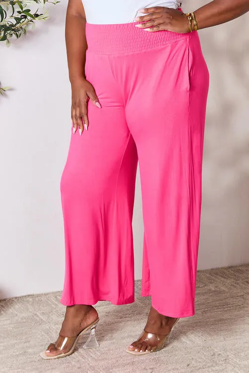 Women's Double Take Full Size Smocked Wide Waistband Wide Leg Pants