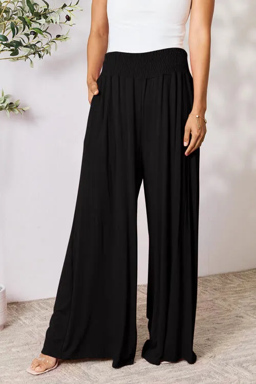 Women's Double Take Full Size Smocked Wide Waistband Wide Leg Pants